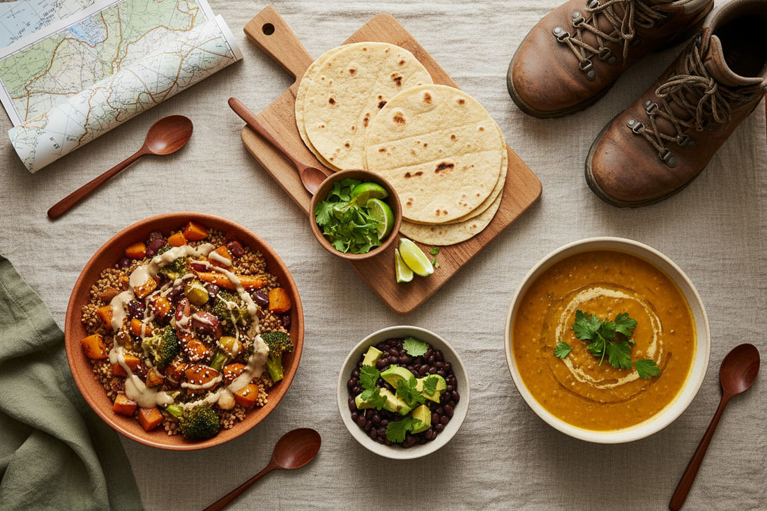 Overhead view of easy post-hike meals with tortillas, soup, a protein bowl, hiking boots, and a trail map