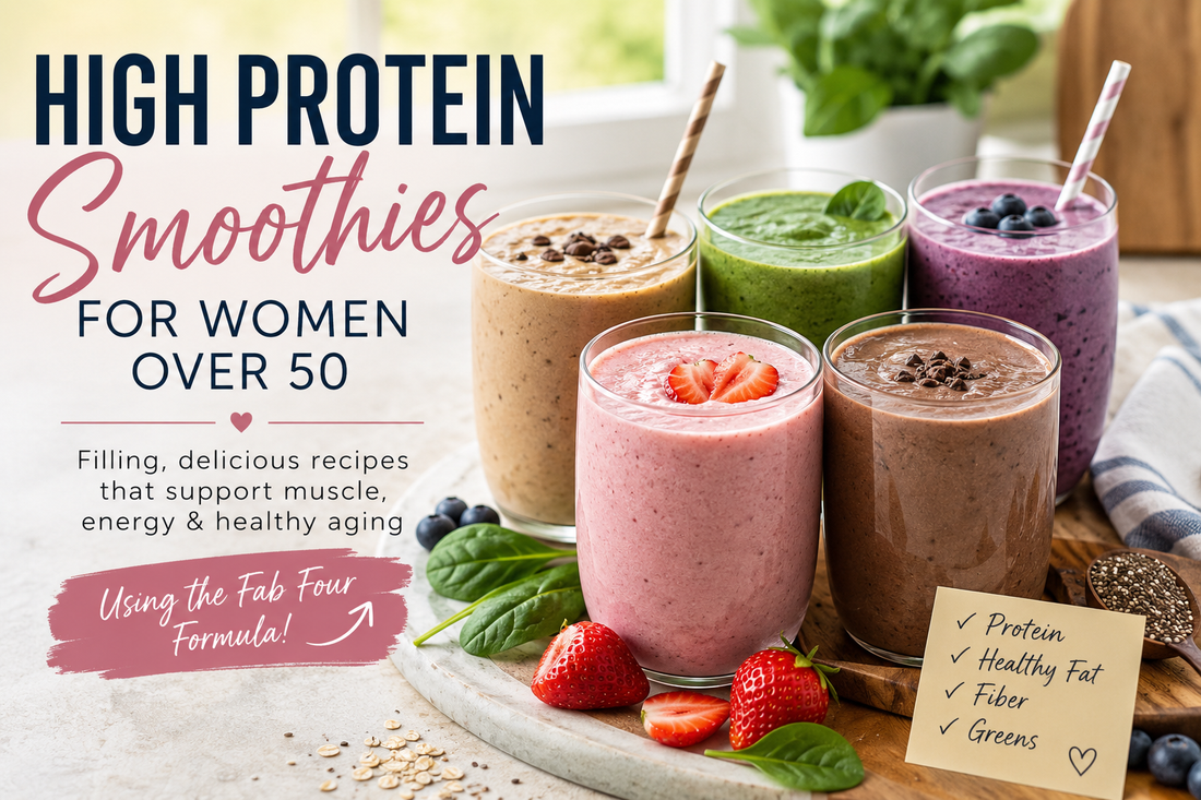 High protein smoothies for women over 50 in glasses with colorful ingredients