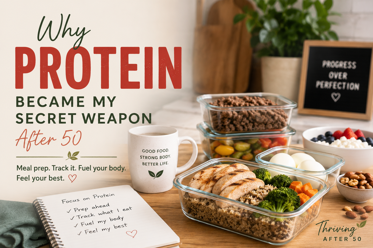 High-protein meal prep with chicken, eggs, fruit and vegetables for women over 50