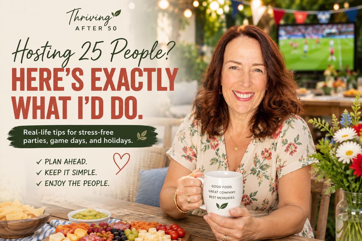 Woman hosting a backyard watch party with a charcuterie board and outdoor television