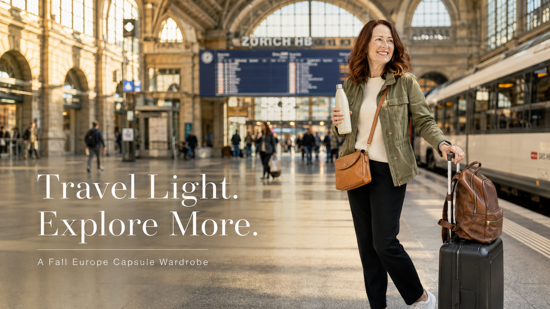 Fall travel capsule wardrobe flat lay for women over 50 — minimal packing essentials including layers, neutral tones, and versatile travel pieces