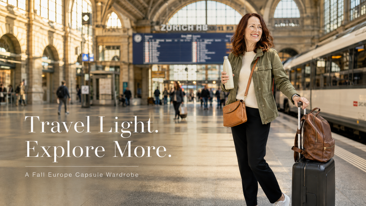 Fall travel capsule wardrobe flat lay for women over 50 — minimal packing essentials including layers, neutral tones, and versatile travel pieces