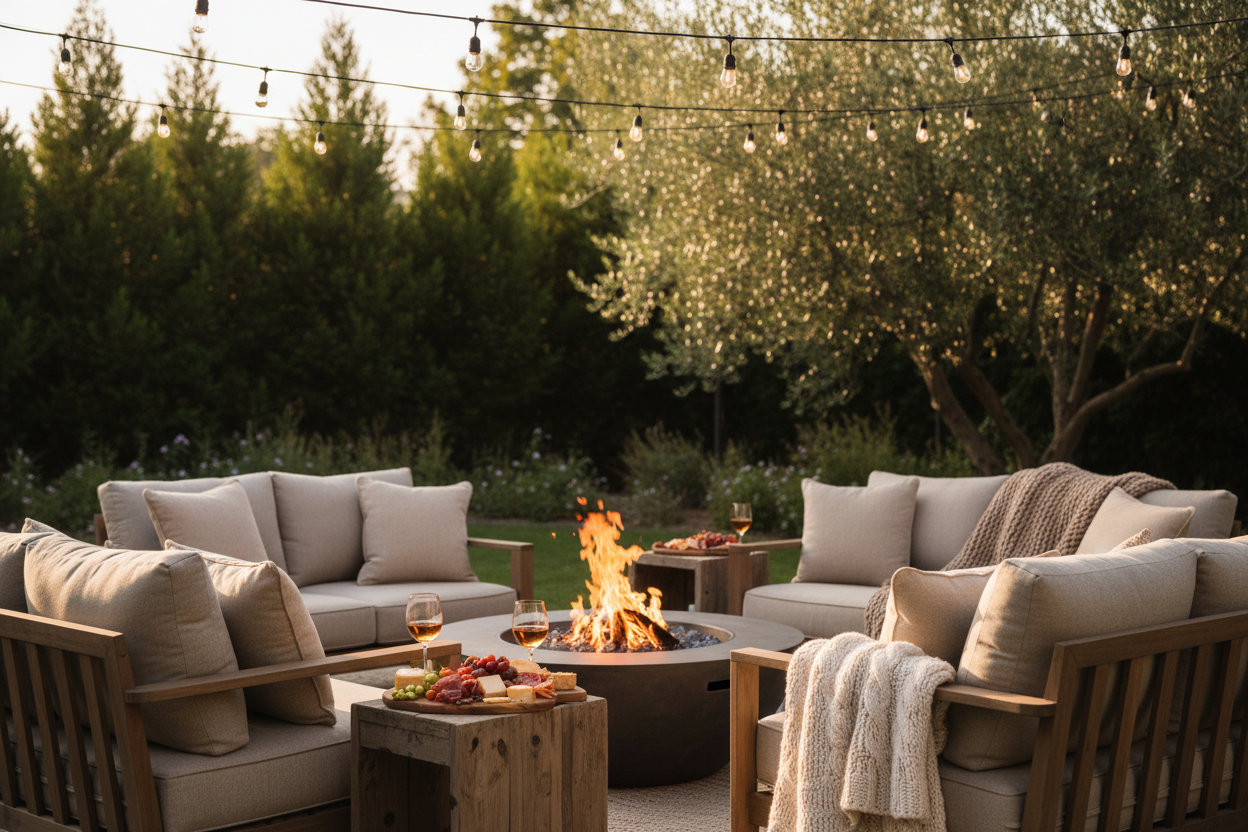 Cozy backyard entertaining space at golden hour with glowing fire pit, bistro string lights, and charcuterie board