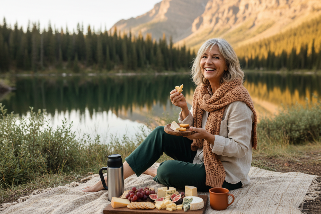 Woman in her 50s enjoying a homemade picnic at a scenic mountain overlook with cheese, crackers, fruit, and coffee